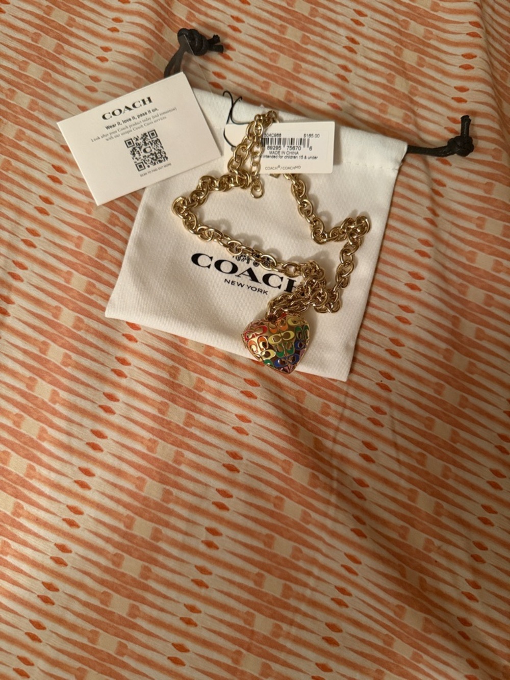 COACH Gold-Tone Chain Necklace with Rainbow Enamel Heart Locket